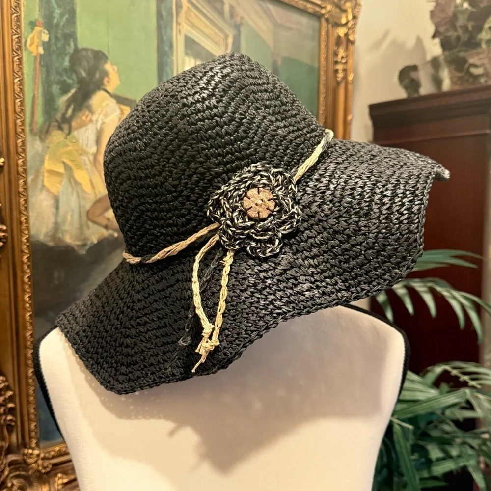 Ladies, floppy, black and brown hat with floral design one size excellent cond